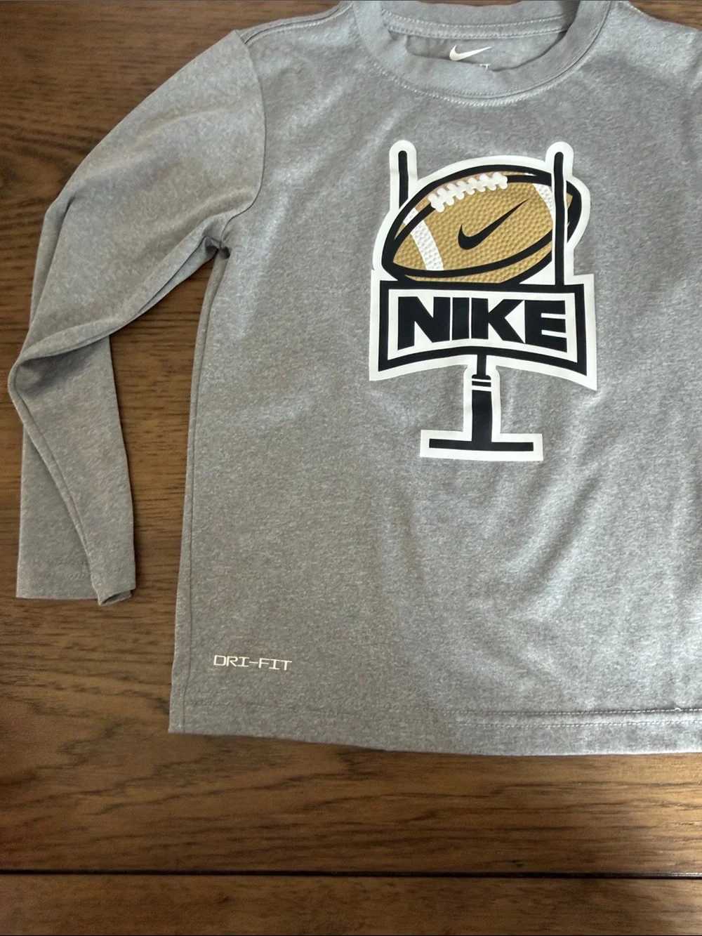 Kids Nike Gray Long Sleeve Tee Dri fit with Football Goalpost Graphic